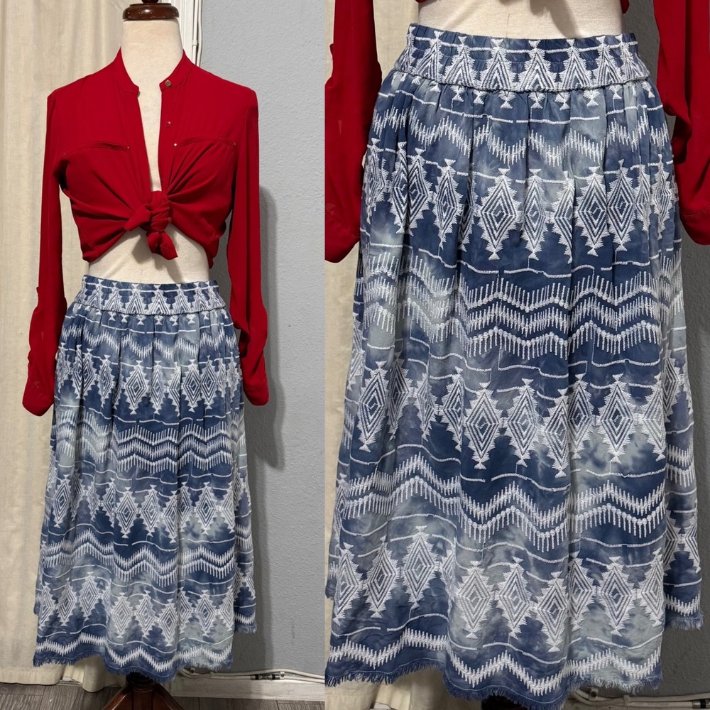 6th & Lane Blue Tie Dye Geometric Embroidered Midi Skirt Pockets Womens‎ 18/20